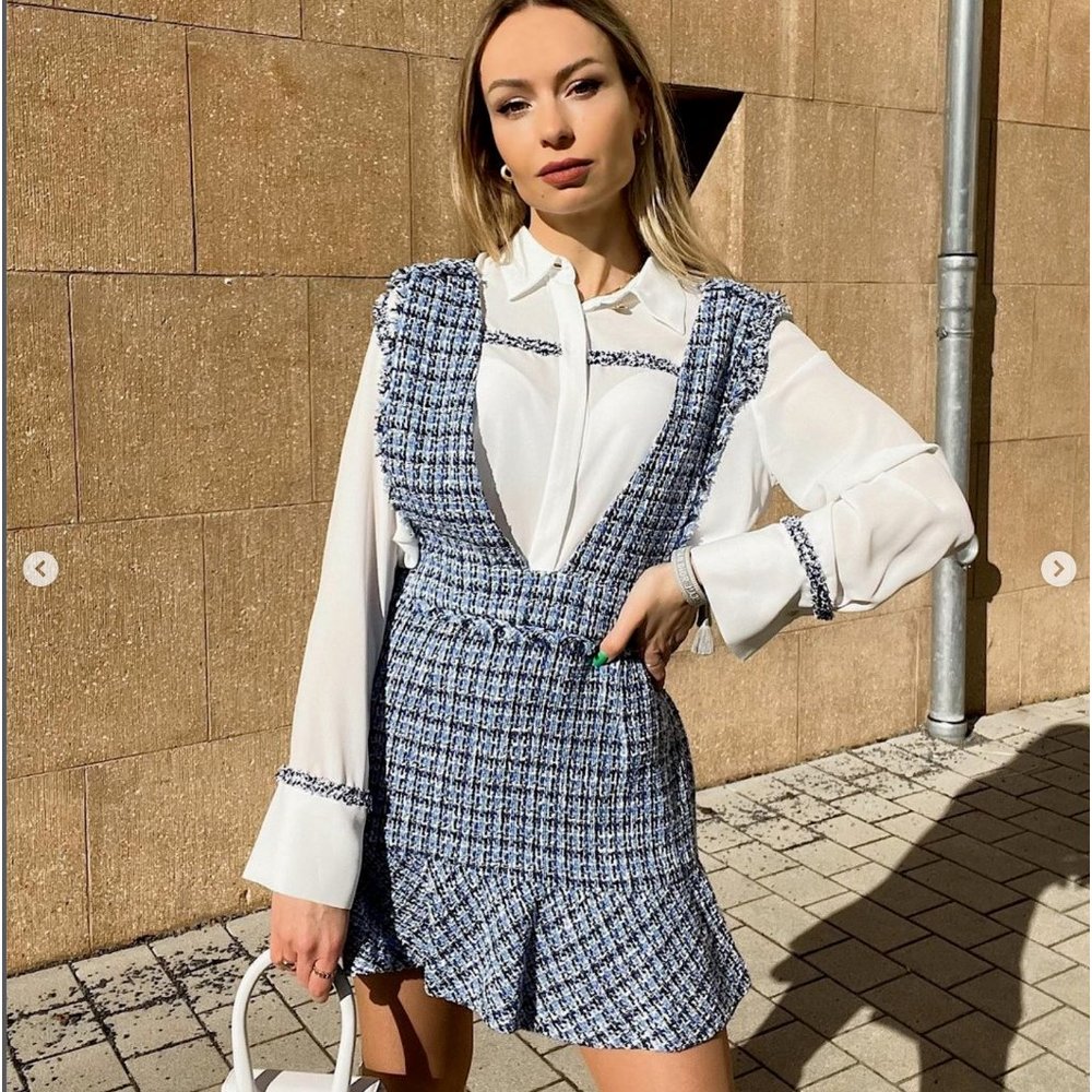 SOLD ZARA NEW WOMAN SS22 TEXTURED TWEED PINAFORE SKIRT Dress Medium BLUE - Picture 2 of 11